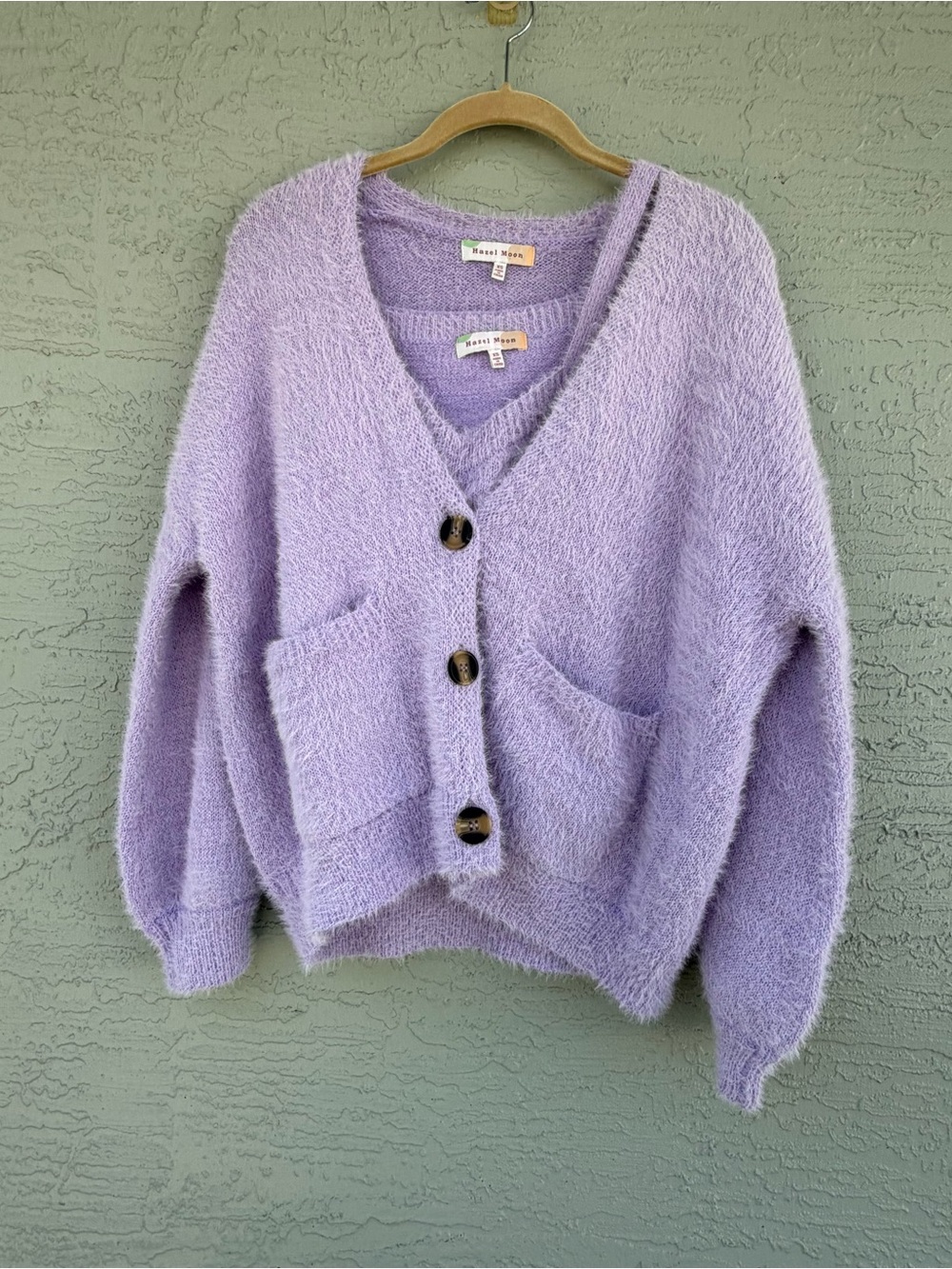 Hazel Moon 2 Piece Fuzzy Lilac V-Neck Button Cardigan with Front Pockets Sz XS